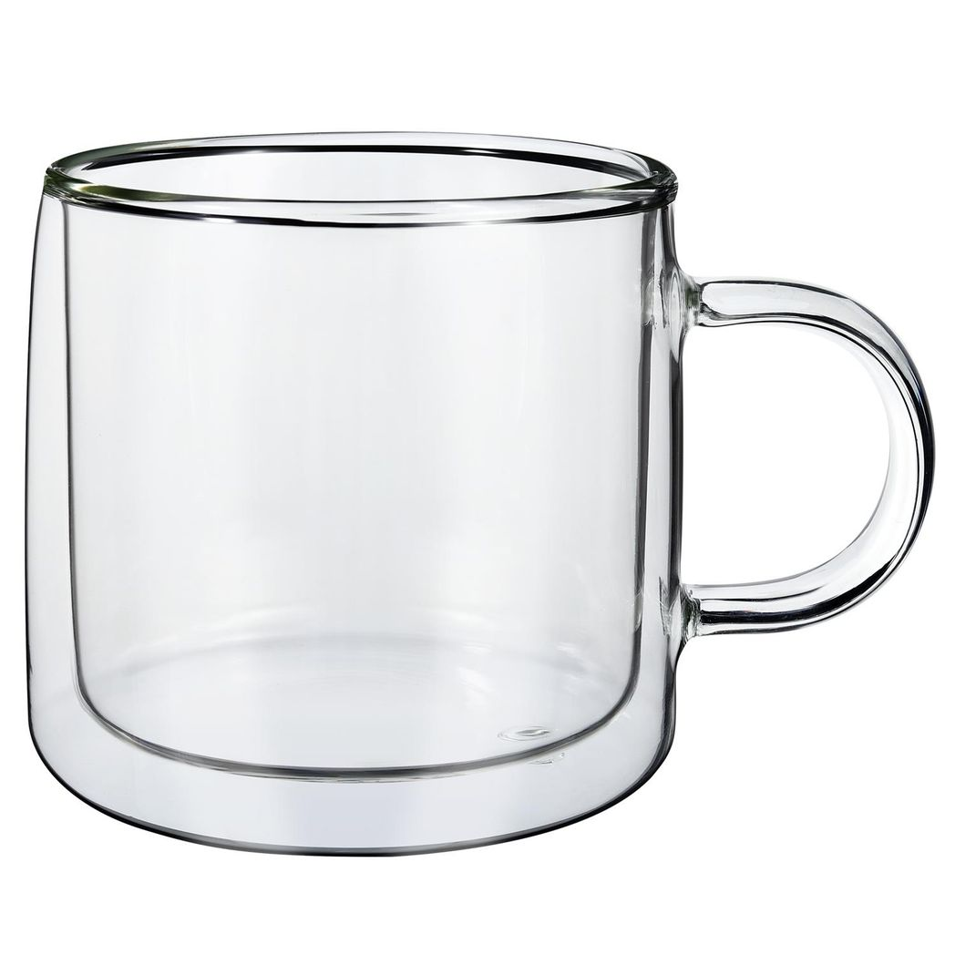 Set of two Vinsani double-walled Copa glasses, 260ml capacity, showcasing clear glass with a sleek, modern design.