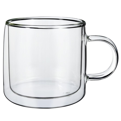 Set of two Vinsani double-walled Copa glasses, 260ml capacity, showcasing clear glass with a sleek, modern design.