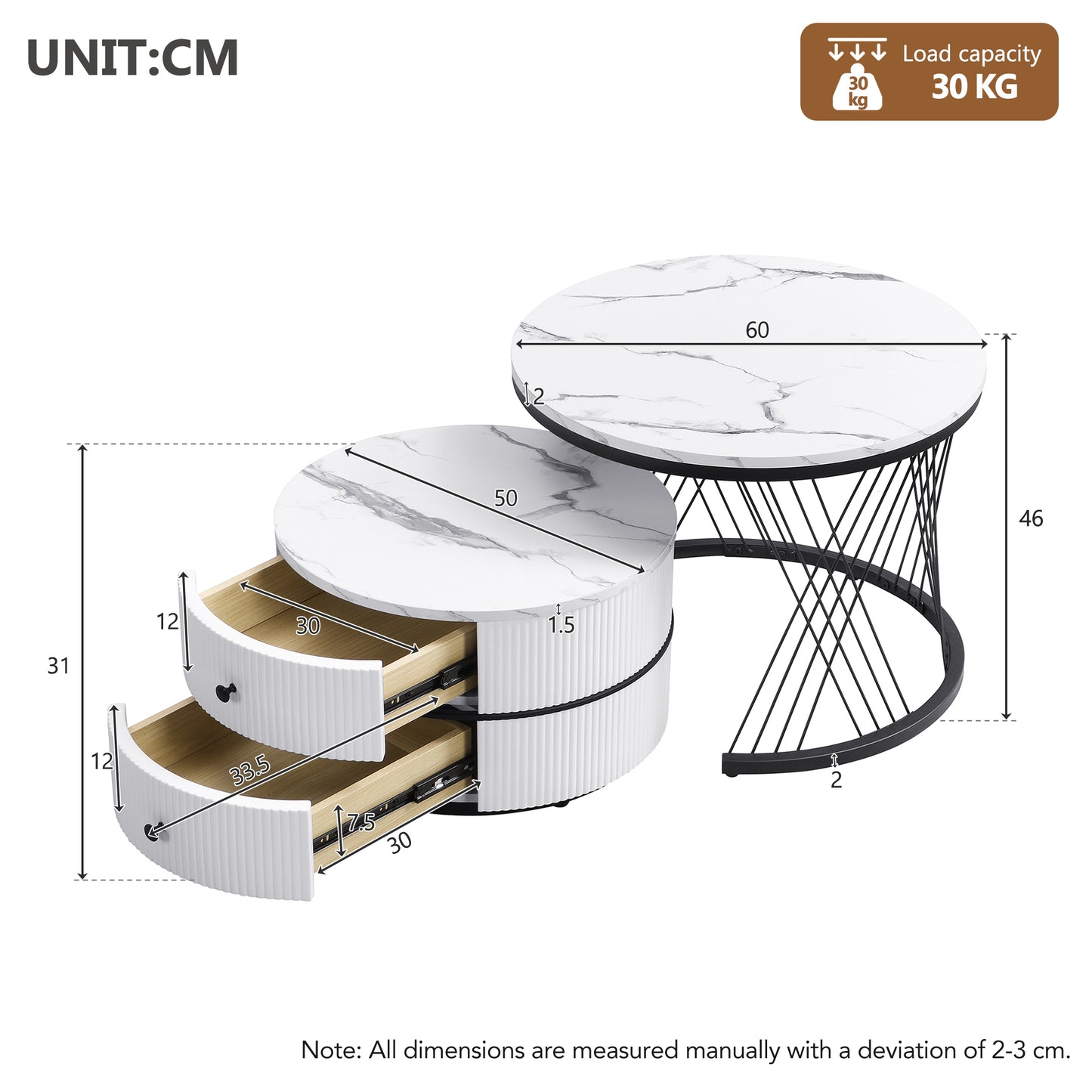 Pair of white and gold nesting coffee tables with marble tops and storage drawers, modern round design for living room decor.