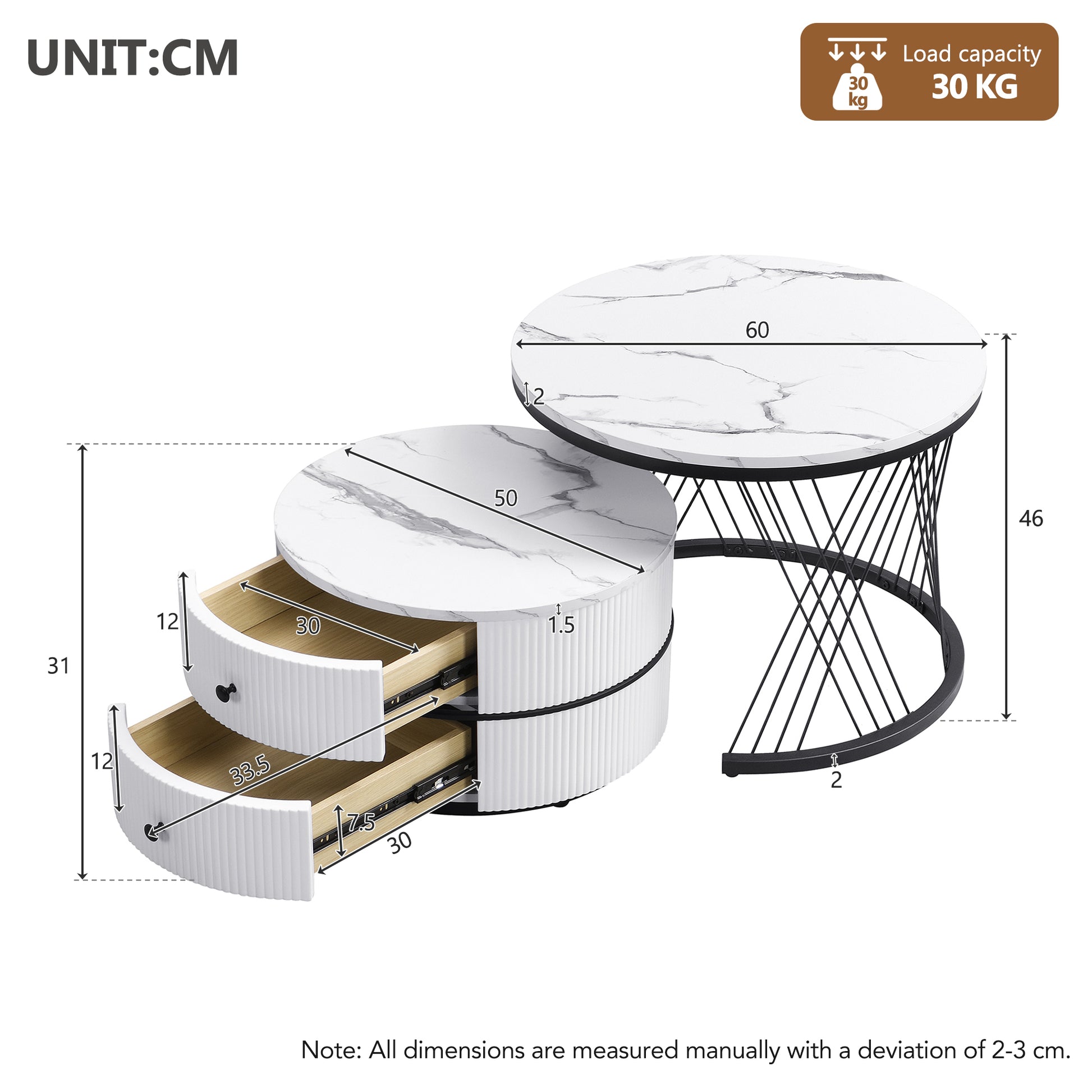 Pair of white and gold nesting coffee tables with marble tops and storage drawers, modern round design for living room decor.