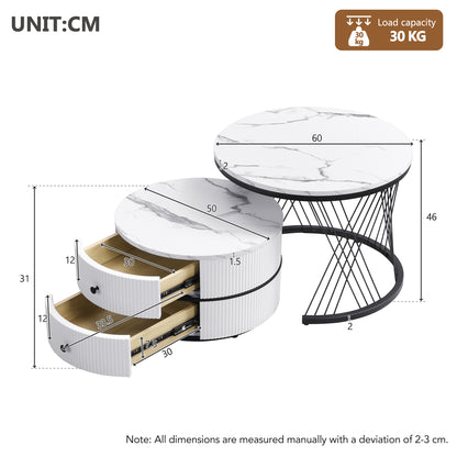 Pair of white and gold nesting coffee tables with marble tops and storage drawers, modern round design for living room decor.