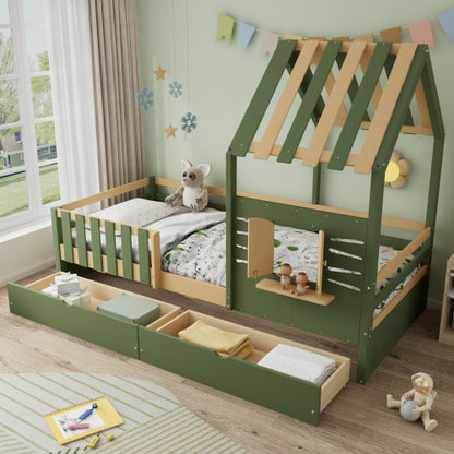 Kids Wooden Bed with Roof & Window Design – Green & Natural with Storage Drawers