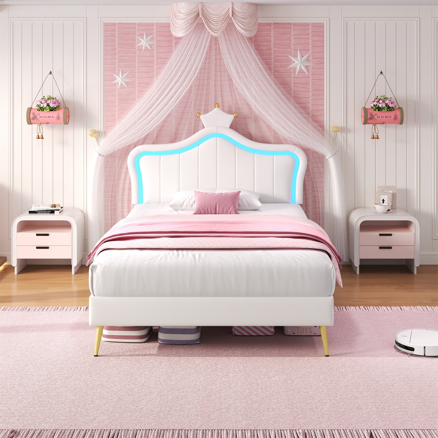 Cream white HOMCOM 3ft single upholstered bed with LED crown-shaped headboard, PU leather frame, solid wood slats, easy to assemble
