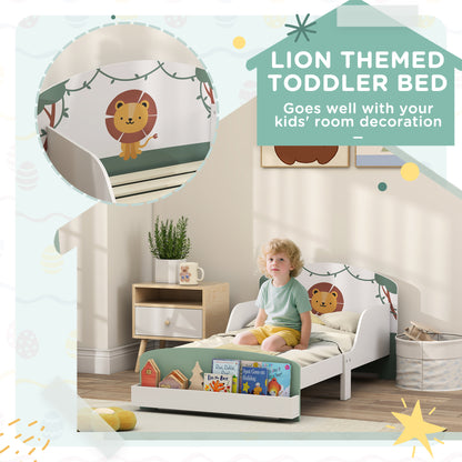 Green toddler bed with storage, lion design, guardrails, for ages 3-8, fits 140x70cm mattress, by HOMCOM.