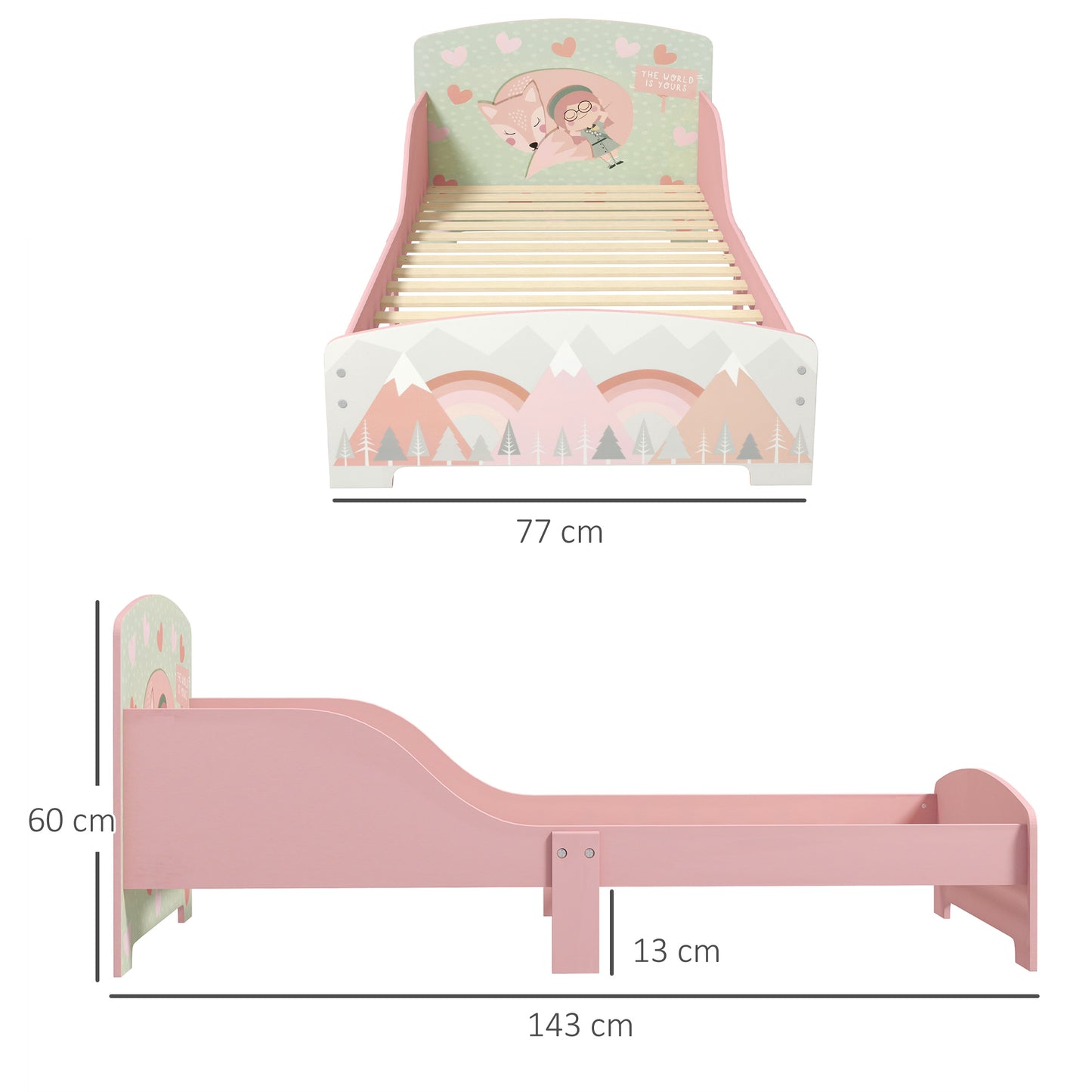 Pink HOMCOM ZONEKIZ toddler bed frame with side rails, suitable for kids aged 3-6 years, in a child's bedroom setting.