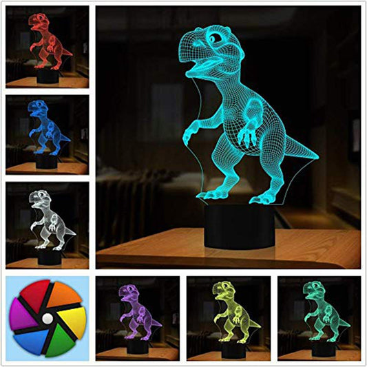 Eprolo 3D Dinosaur LED night light with 7 color touch lamp, showcasing a colorful dinosaur design illuminated in a dark room.