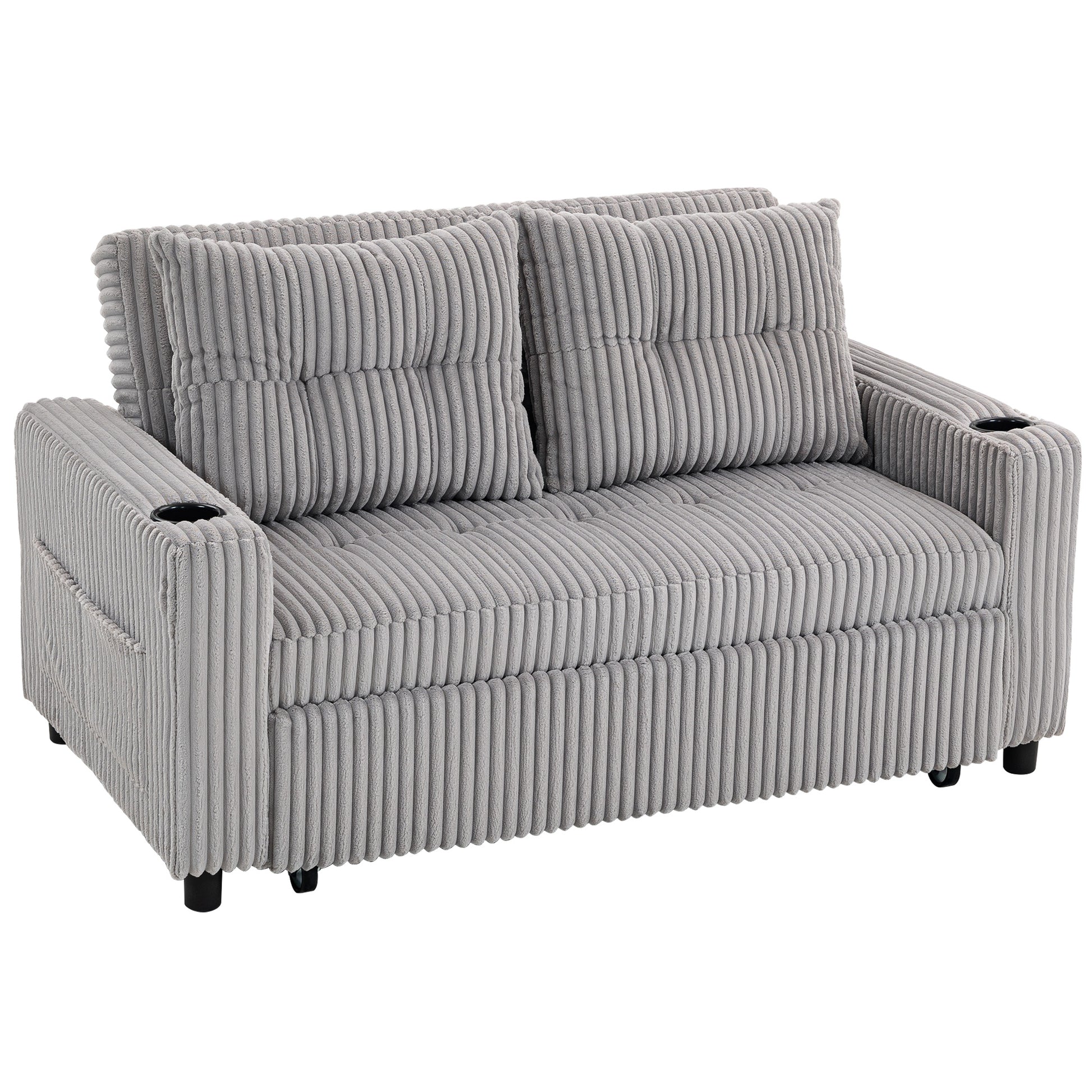 HOMCOM 2-seater click clack sofa bed with pull-out design, light grey corduroy upholstery, showcasing its versatile convertible feature.