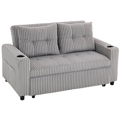 HOMCOM 2-seater click clack sofa bed with pull-out design, light grey corduroy upholstery, showcasing its versatile convertible feature.