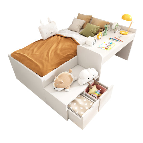 White kids single bed with desk and drawers, 90x190 cm, wooden frame with slatted surface, suitable for teens and adults, HOMCOM.