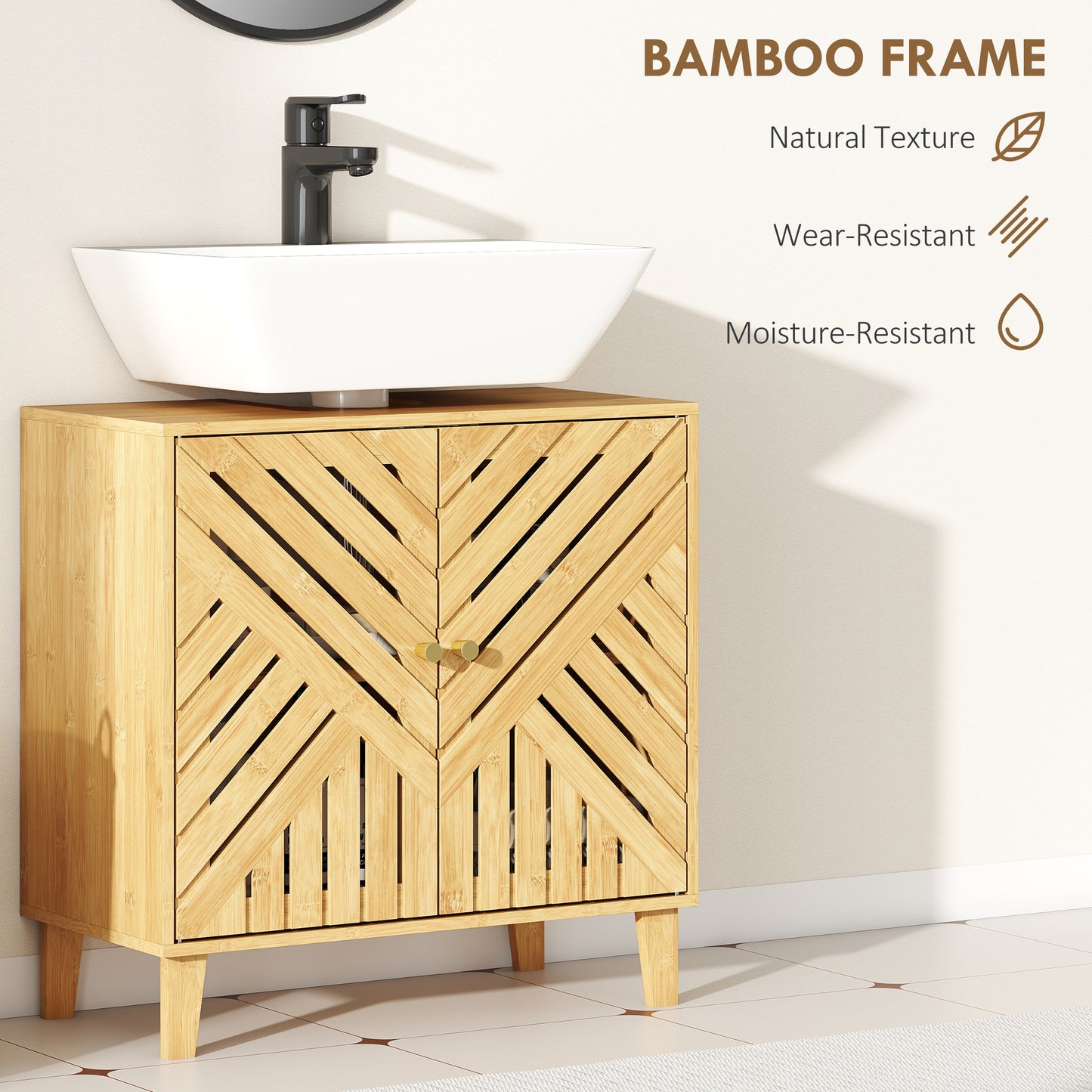 HOMCOM bamboo bathroom under sink cabinet with adjustable shelf, natural finish, designed for basin without pedestal.