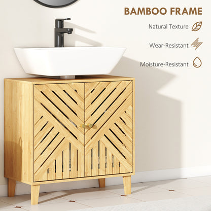 HOMCOM bamboo bathroom under sink cabinet with adjustable shelf, natural finish, designed for basin without pedestal.
