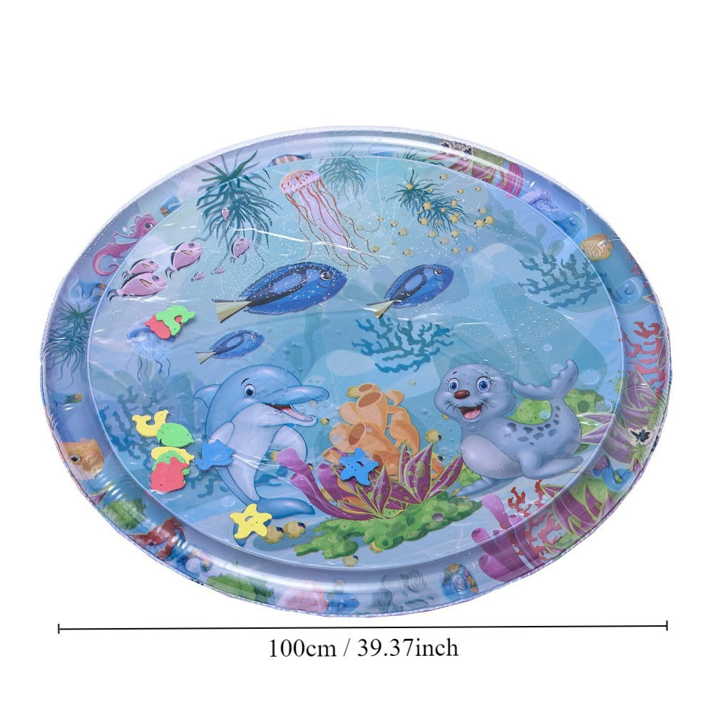 Baby inflatable water play mat featuring ocean-themed crawling toys by eprolo, with colorful aquatic animals and floating shapes.