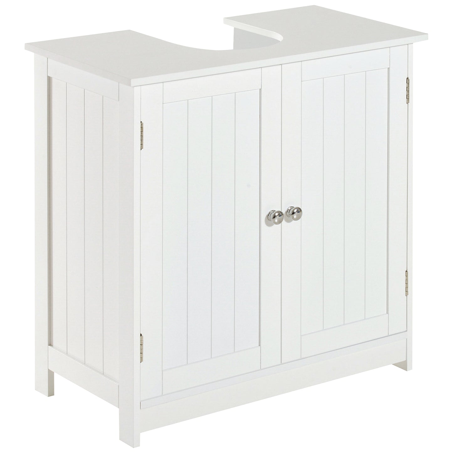 White wooden under sink bathroom storage cabinet with two layers and sleek design, ideal for organizing vanity essentials.
