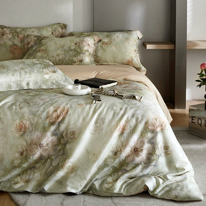 HOMCOM Flower Tencel digital printed four-piece bedding set with floral design and soft, smooth fabric on a neatly made bed