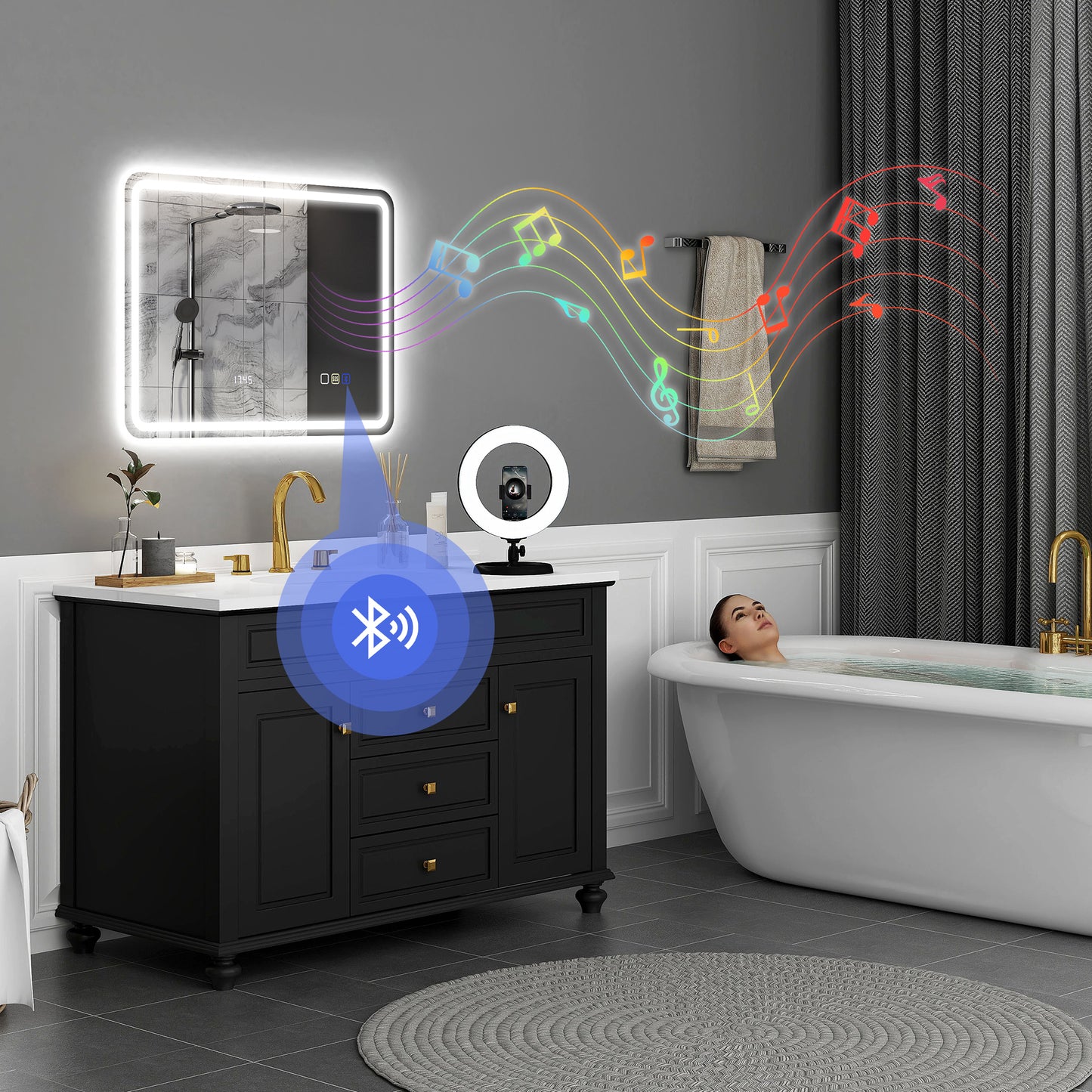 Silver-tone Bluetooth bathroom mirror, 80x60 cm with integrated wireless speaker and modern design by HOMCOM.
