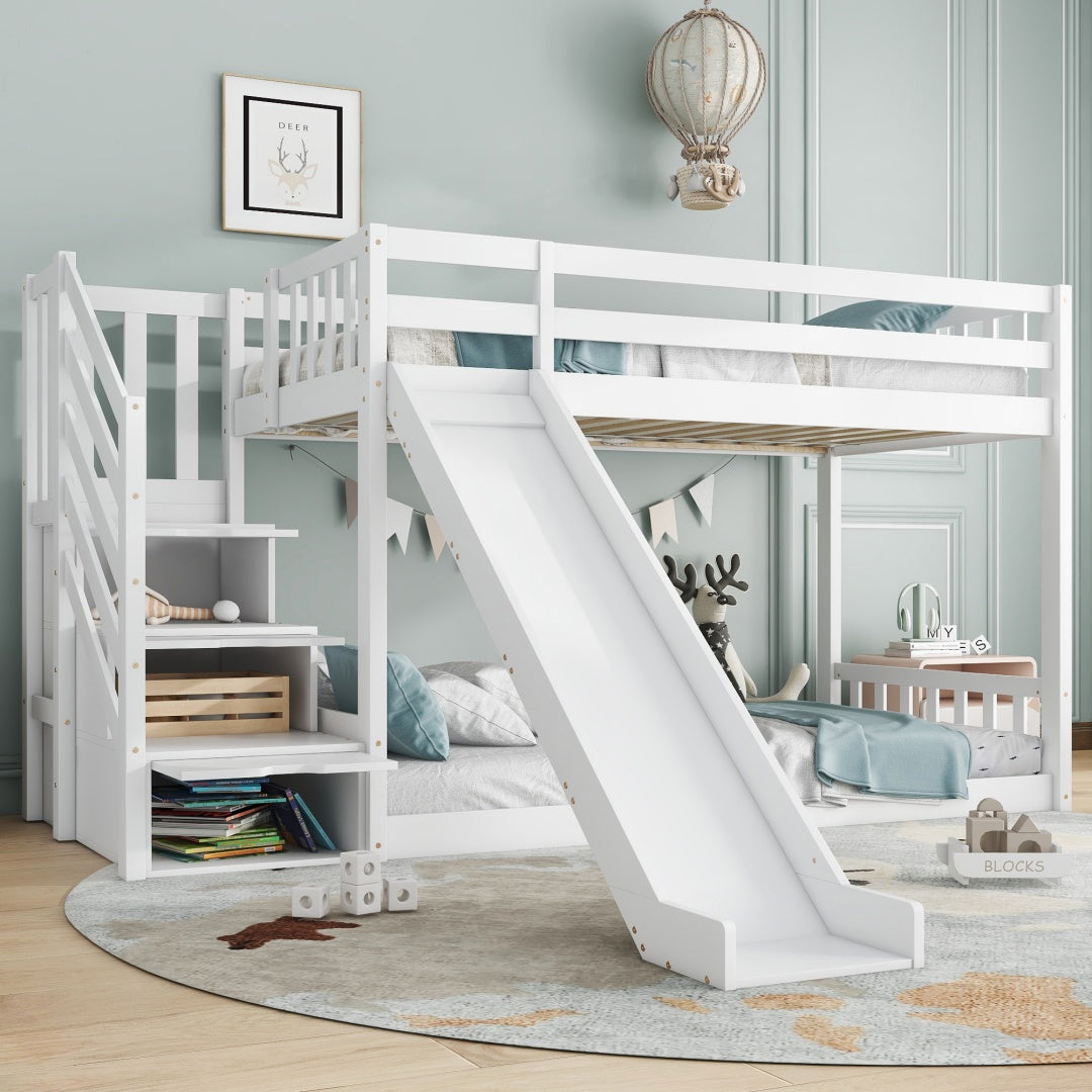 White bunk bed with stairs and slide, solid pine wood frame, children’s bed with built-in storage stairs, 90x190cm.