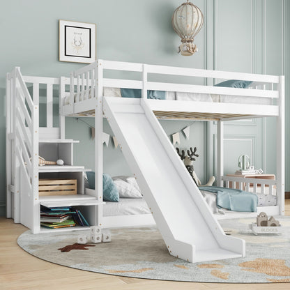 White bunk bed with stairs and slide, solid pine wood frame, children’s bed with built-in storage stairs, 90x190cm size.