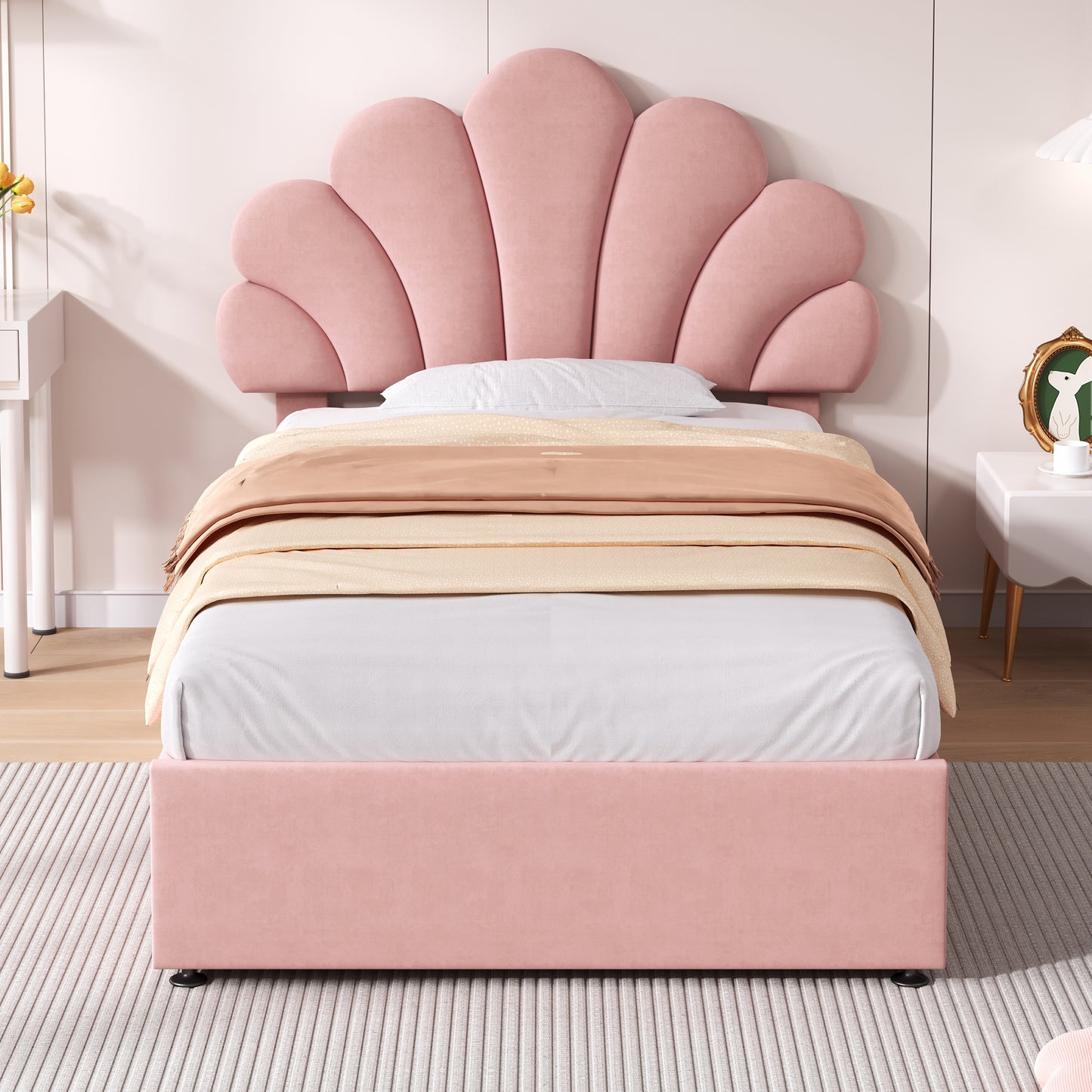 HOMCOM 3ft single upholstered hydraulic bed with adjustable petal velvet headboard, solid wood slats, no box spring needed.