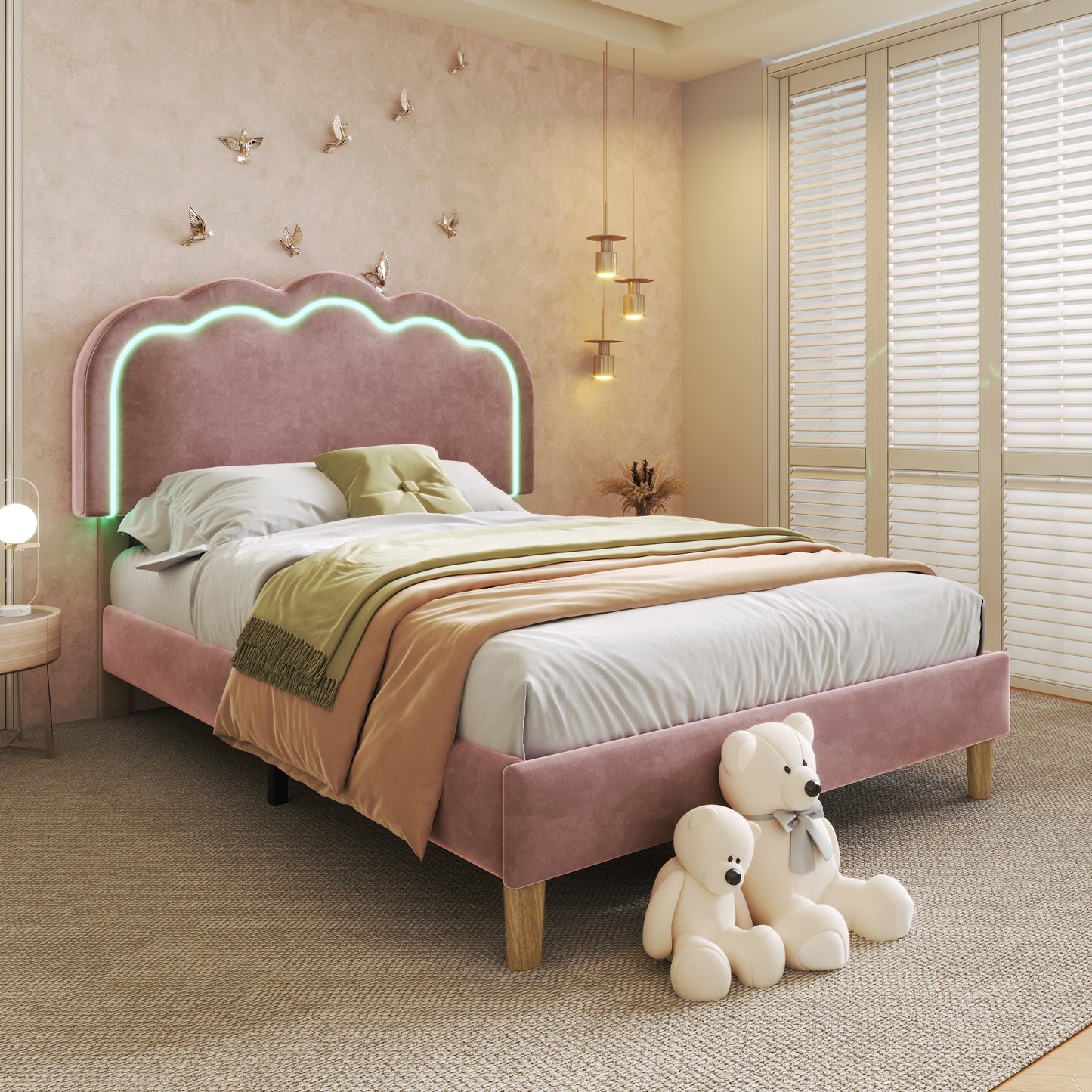 Pink velvet upholstered single bed frame with LED lighting, wooden slats, adjustable headboard, suitable for teen or guest bedroom.