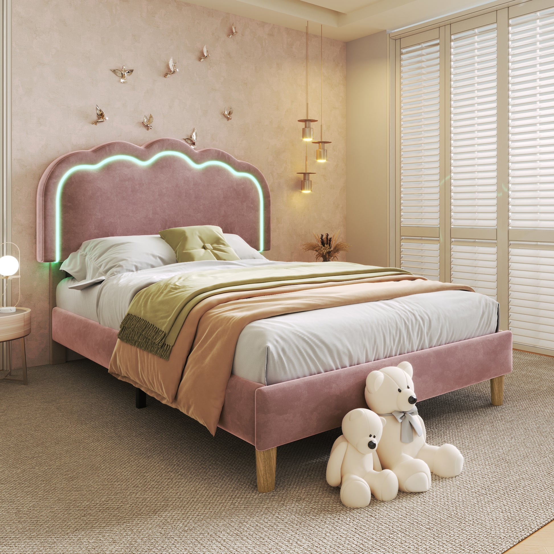 Pink velvet upholstered single bed frame with LED lighting, wooden slats, adjustable headboard, suitable for teen or guest bedroom.