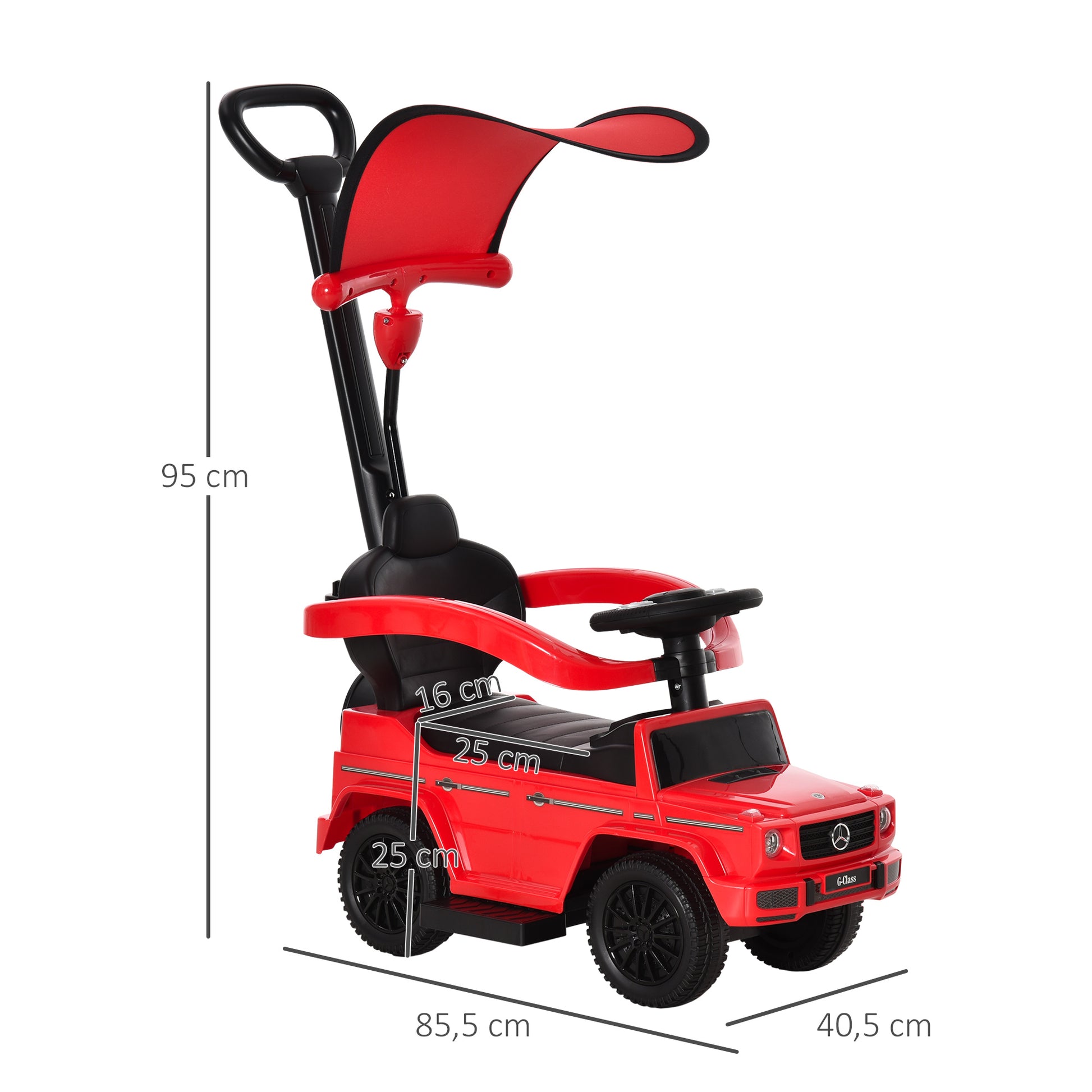 Red HOMCOM 3-in-1 kids ride-on push car with steering wheel, horn, and foot-to-floor design for toddlers.