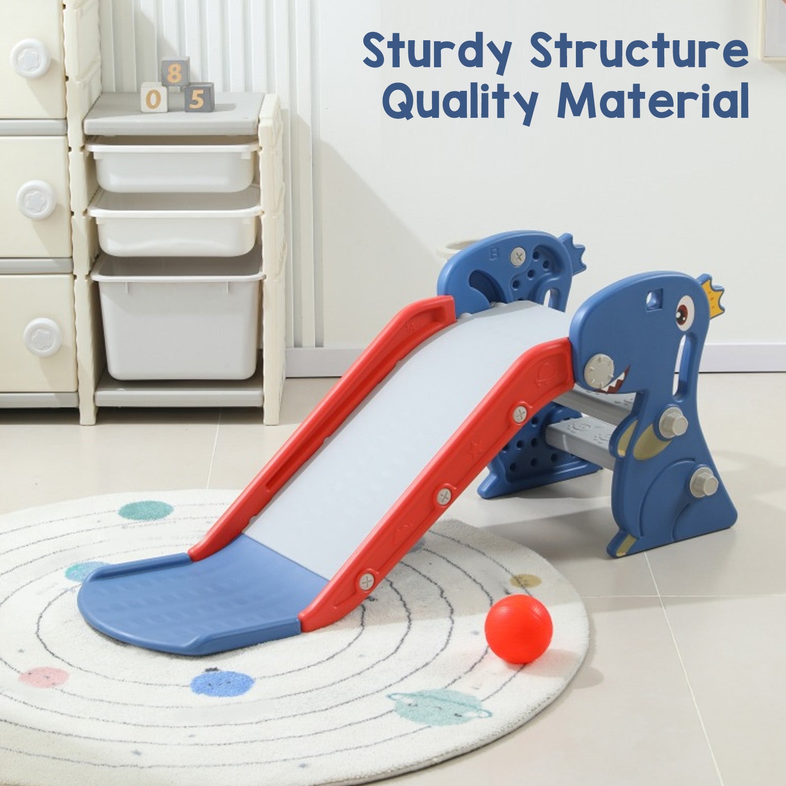 Foldable dinosaur toddler indoor slide with basketball hoop, designed for ages 0-3, by Livoshop.