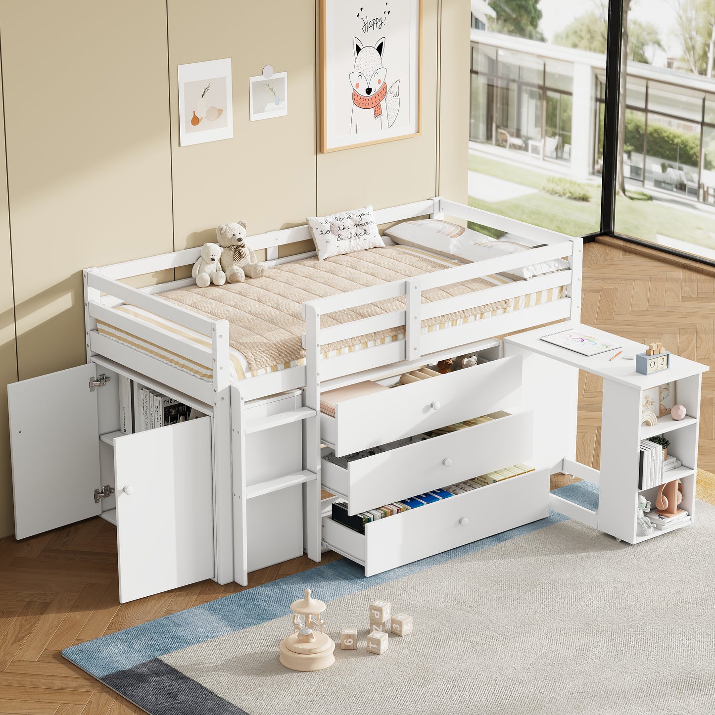HOMCOM 3ft single modern wooden kids' loft bed with out desk, drawers, storage cabinet, shelves, white finish, two-way installation