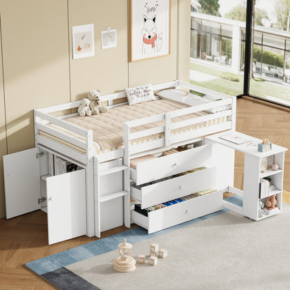 HOMCOM 3ft single modern wooden kids' loft bed with out desk, drawers, storage cabinet, shelves, white finish, two-way installation
