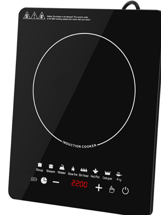 HOMCOM 2200W black crystal panel induction cooker with five cooking settings, sleek modern design, and digital controls.