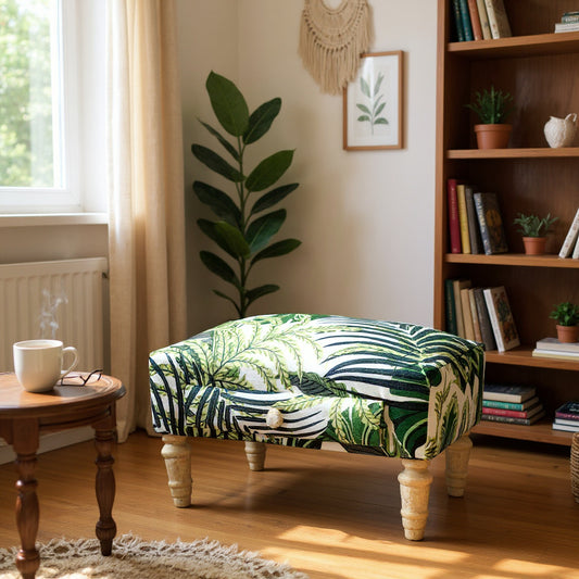 PALM LEAF FABRIC FOOTSTOOL WITH DRAWER