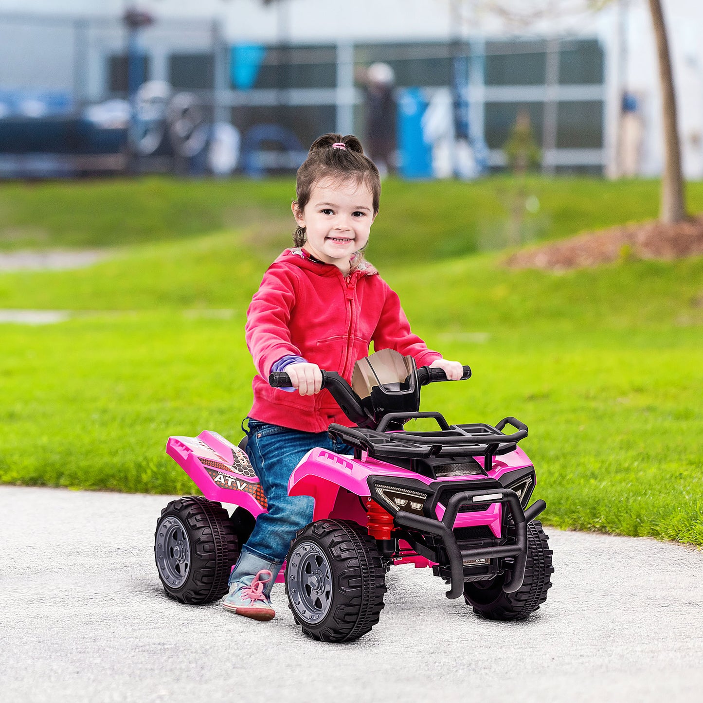 Pink HOMCOM 6V kids electric ride-on car for toddlers, all-terrain quad bike with music, suitable for 18-36 months.
