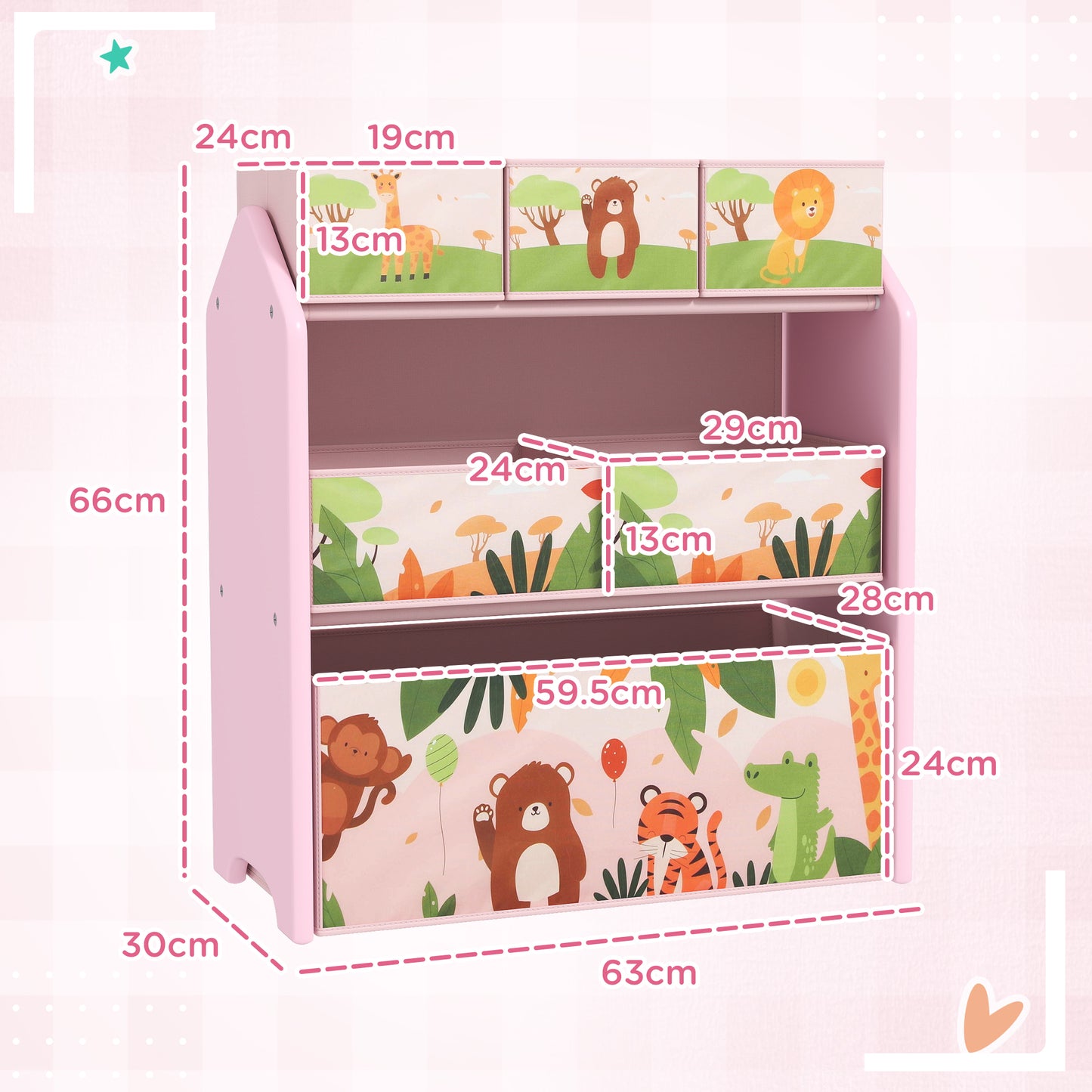 HOMCOM pink 3-tier kids toy storage unit with six removable boxes, ideal for playroom, bedroom, or nursery organization.