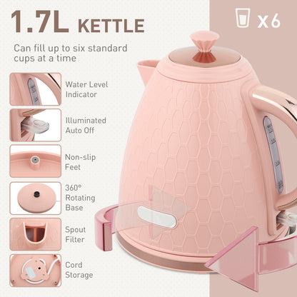 HOMCOM light pink 1.7L fast boil kettle and 2-slice toaster set with auto shut off and browning controls, on a kitchen countertop.