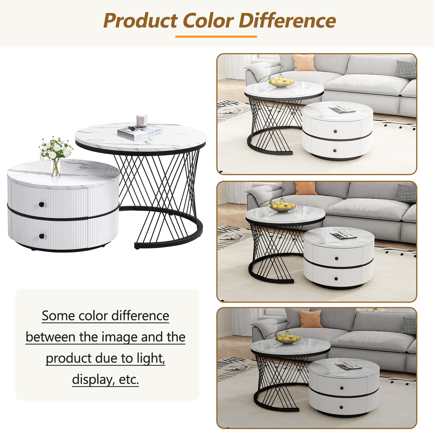Pair of HOMCOM high gloss round nesting coffee tables with marble tops, gold accents, and storage drawers for living room decor.
