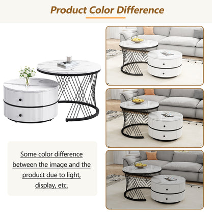 Pair of HOMCOM high gloss round nesting coffee tables with marble tops, gold accents, and storage drawers for living room decor.