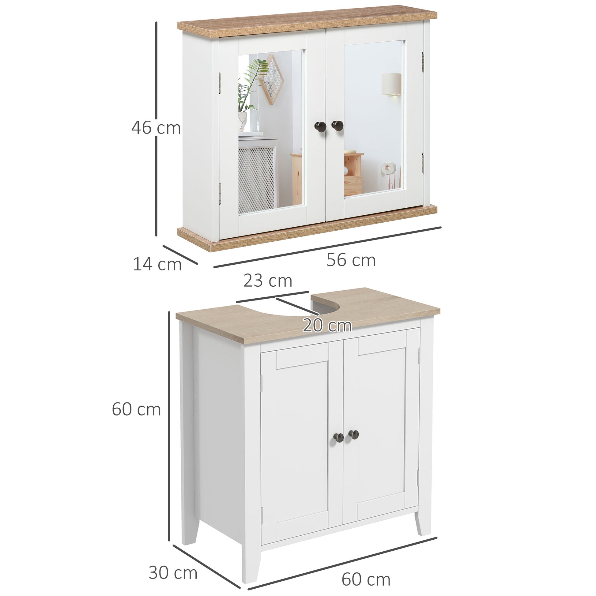 HOMCOM Kleankin bathroom furniture set with wall-mounted mirror cabinet, adjustable shelf, and white wood grain finish.