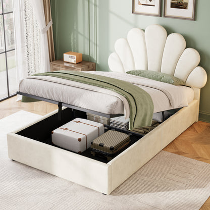 HOMCOM 3ft beige upholstered hydraulic bed with adjustable petal headboard, soft velvet frame, solid wood slats, no box spring.