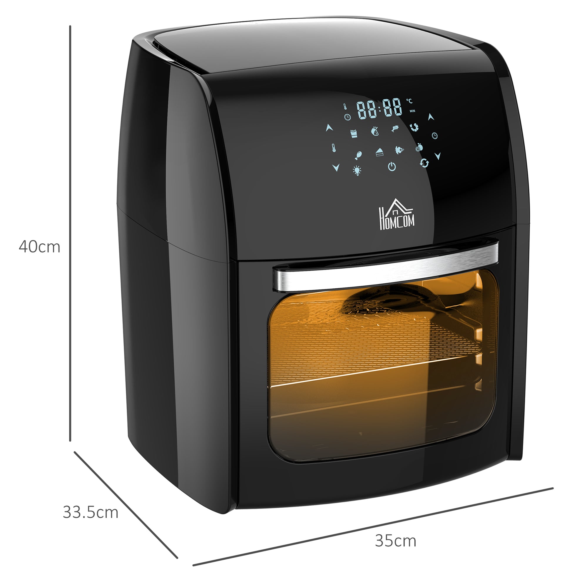 HOMCOM 12L 8-in-1 digital air fryer oven in black with digital display, roasting, baking, dehydrating, and removable accessories.