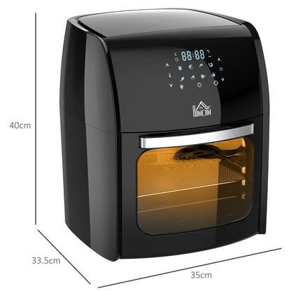 HOMCOM 12L 8-in-1 digital air fryer oven in black with digital display, roasting, baking, dehydrating, and removable accessories.