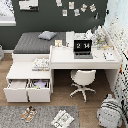 White kids' single bed with desk and drawers, HOMCOM 90x190 cm wooden bed with slatted frame and built-in storage.