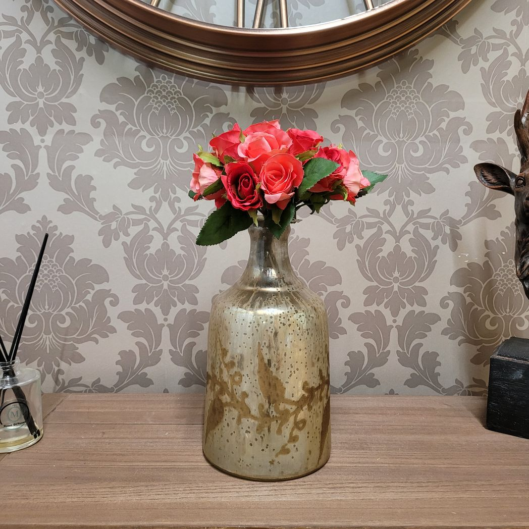 MSL 11-inch antique silver glass decorative vase with ornate design and vintage finish, ideal for elegant home decor.