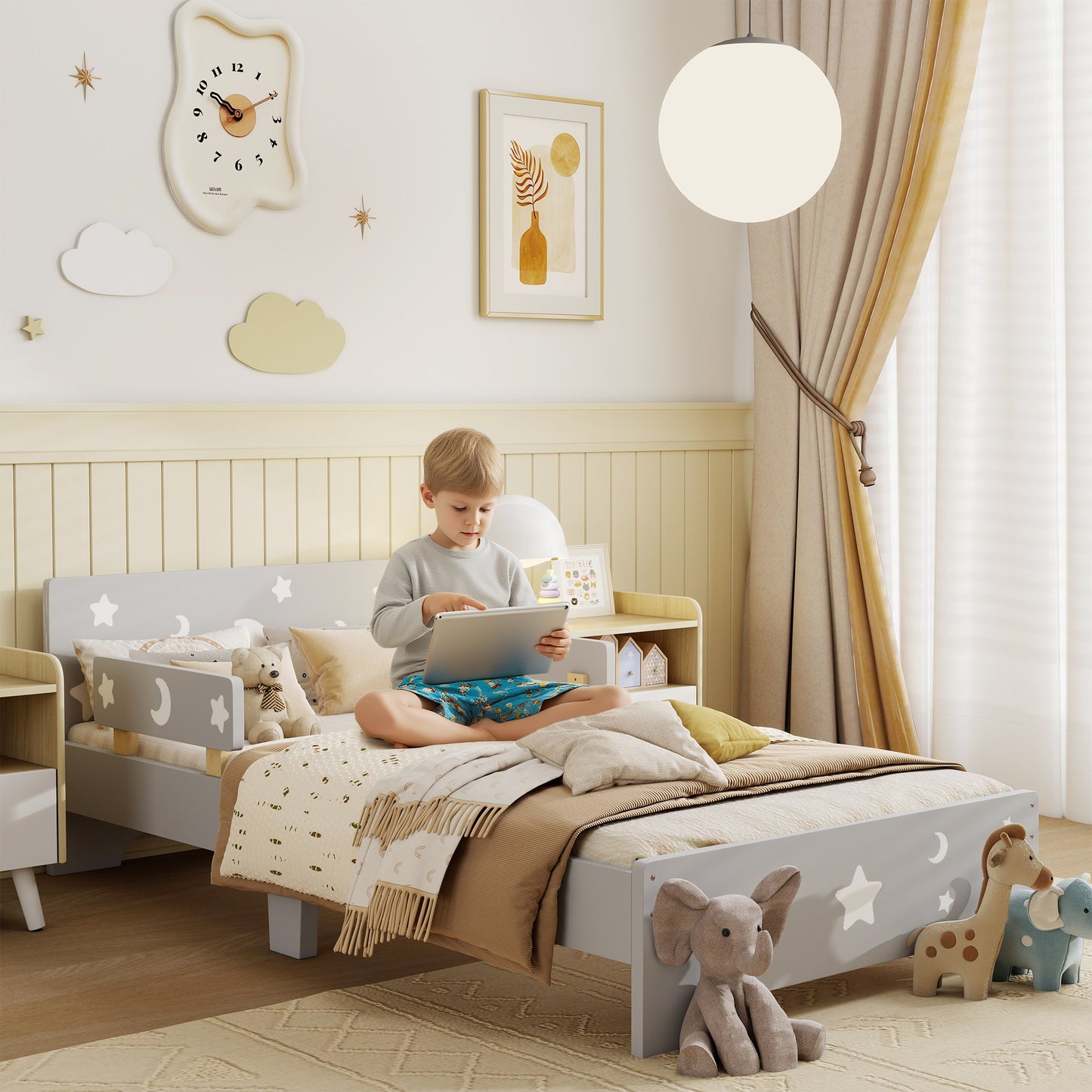 Grey HOMCOM ZONEKIZ kids toddler bed with star and moon patterns, side rails, designed for children aged 3 to 6 years.