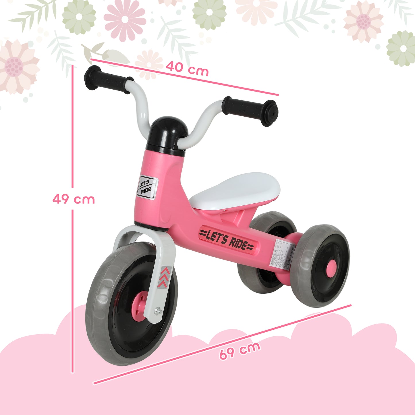 Pink HOMCOM toddler balance bike with no pedals, 3 silent wheels, suitable for ages 12-36 months, indoor and outdoor use.