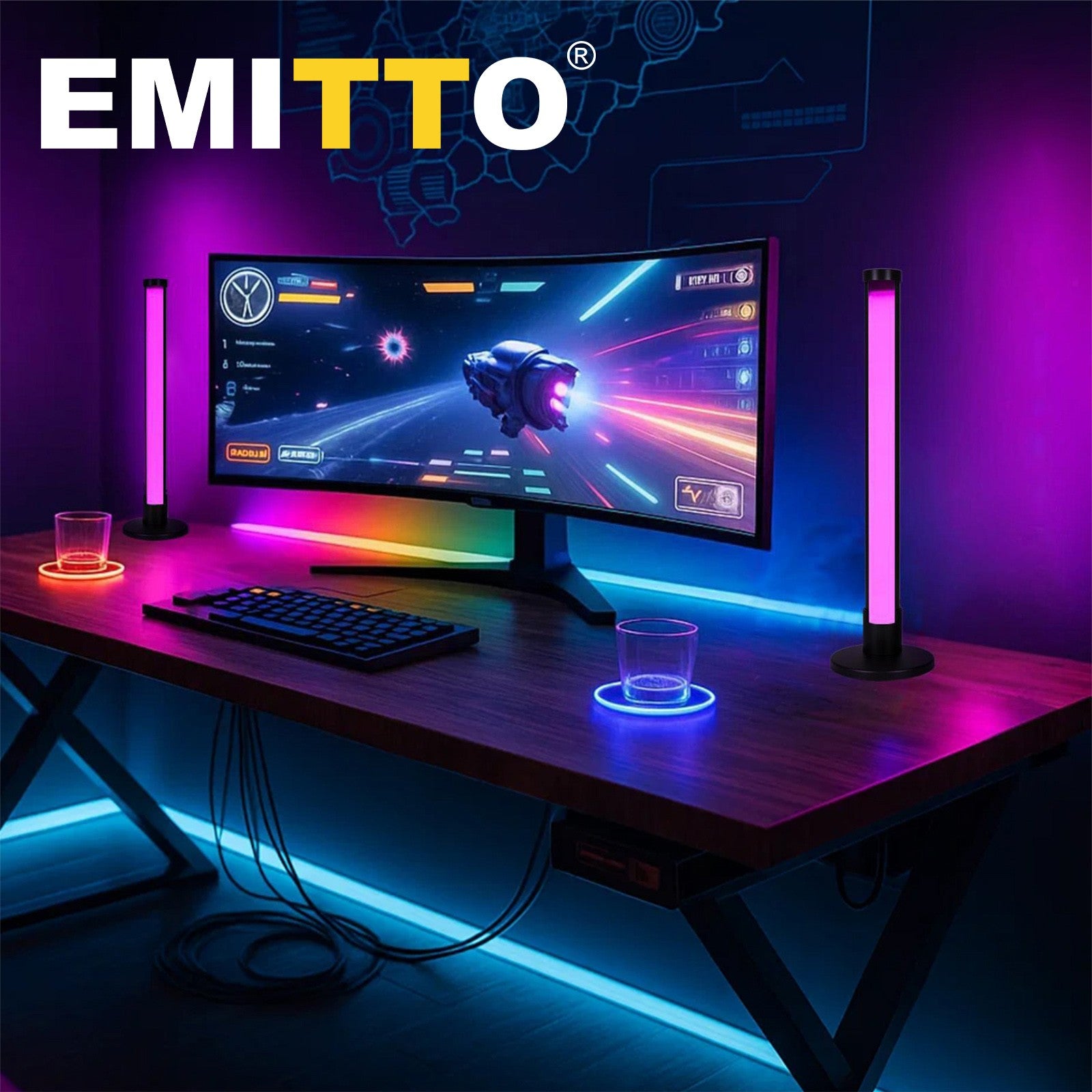 Livoshop Emitto 2X Smart RGB LED Light Bars with color-changing and music-sync features for gaming and ambient lighting.
