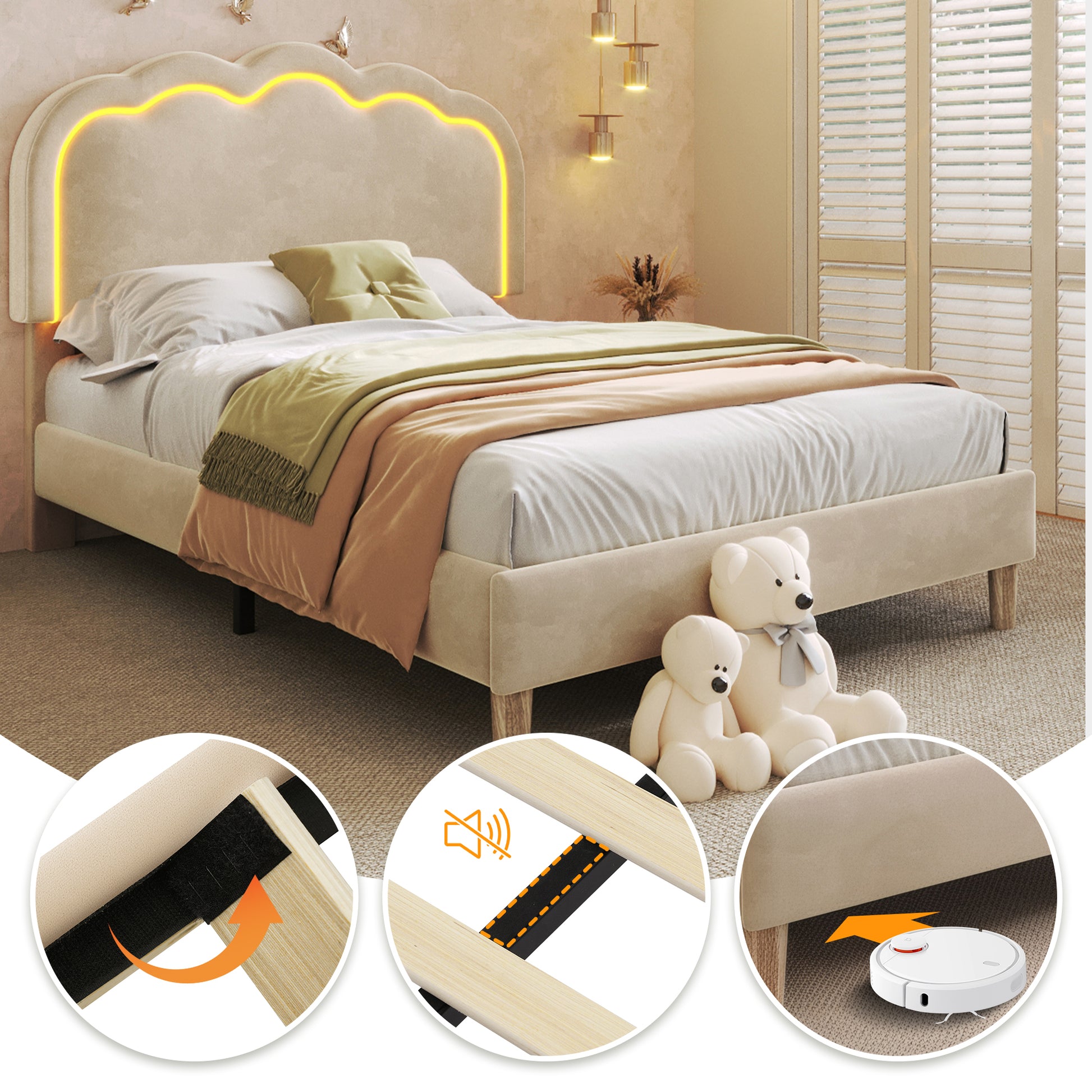 Beige upholstered HOMCOM single bed with LED, velvet fabric, wooden slats, adjustable headboard, suitable for teen or guest room.