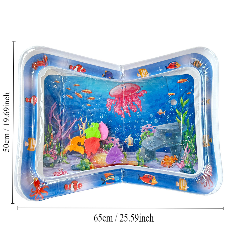 Baby inflatable water play mat by eprolo featuring ocean-themed design, with colorful floating toys for crawling and water fun.
