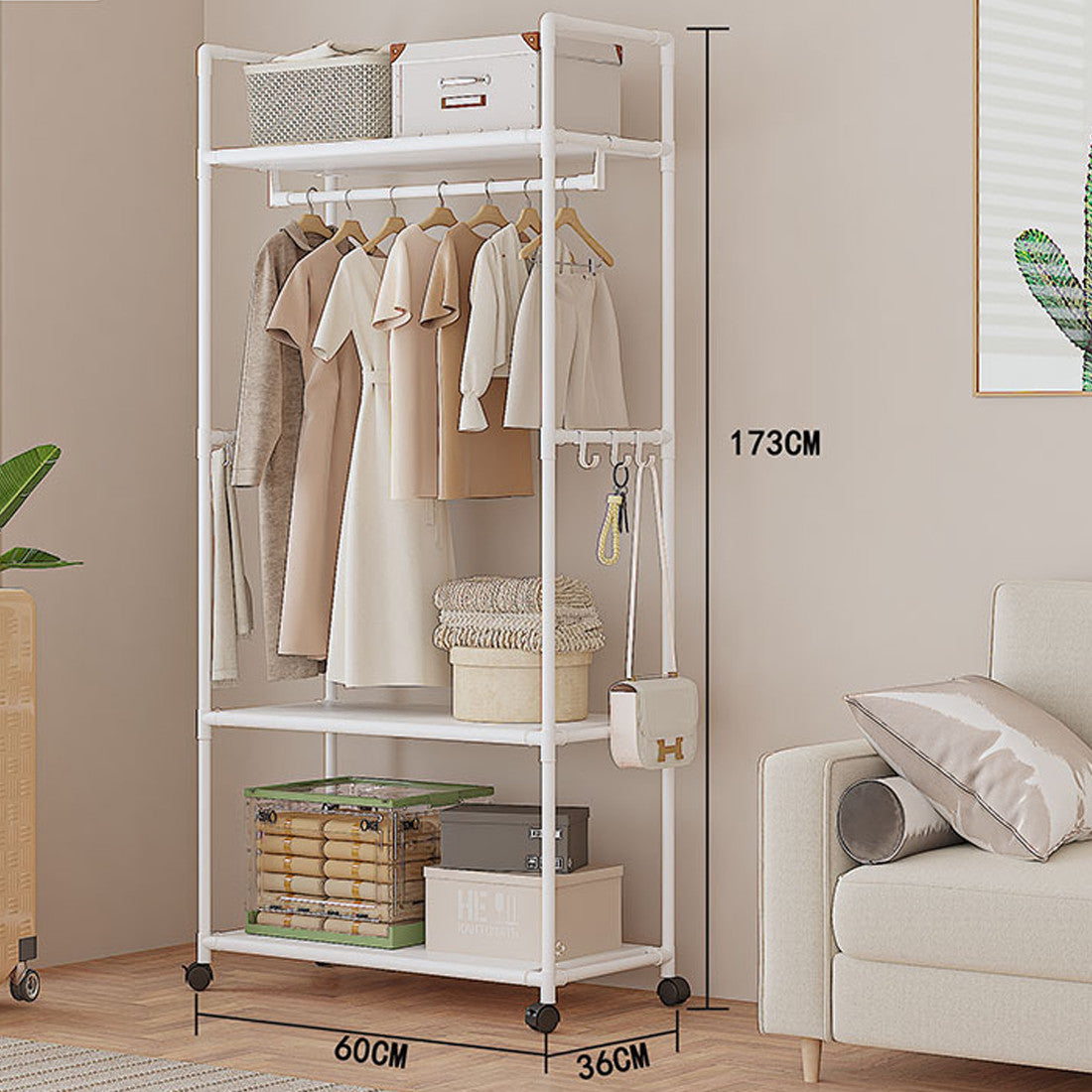 HOMCOM multifunctional white clothes rail with garment hanging bars and shoe rack, home storage shelf, no wheels.