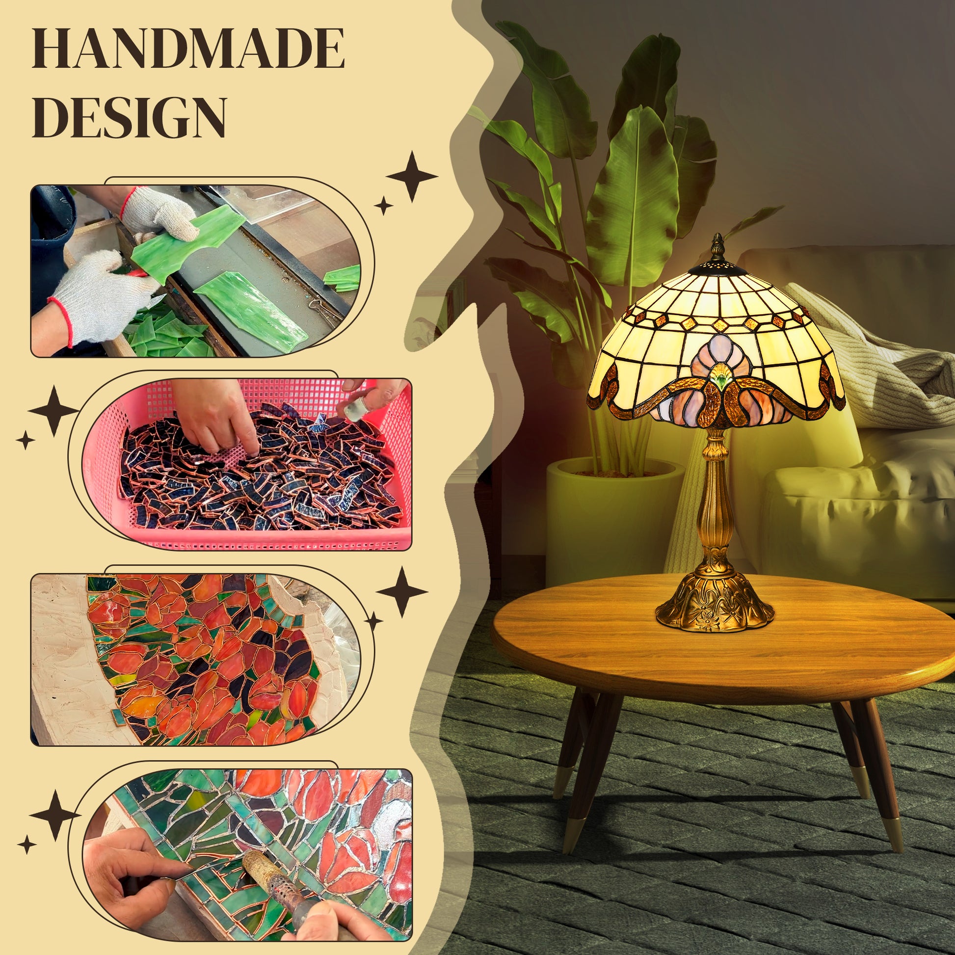 HOMCOM stained glass table lamp with antique-style design, decorative bedside night light for bedroom or living room decor.