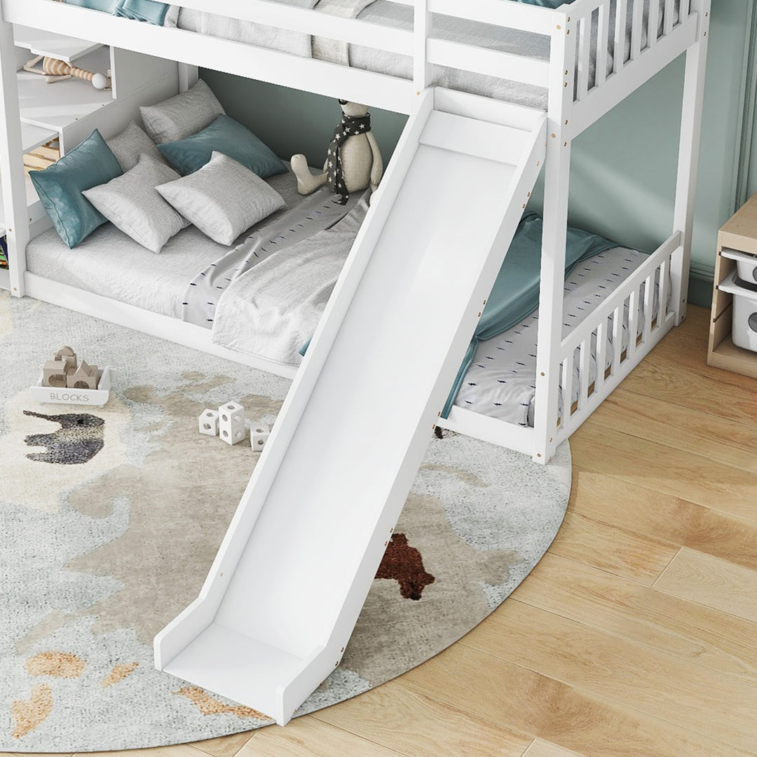 White bunk bed with stairs and slide, solid pine wood frame, children’s bed, 90x190cm, includes storage stairs and playful slide.