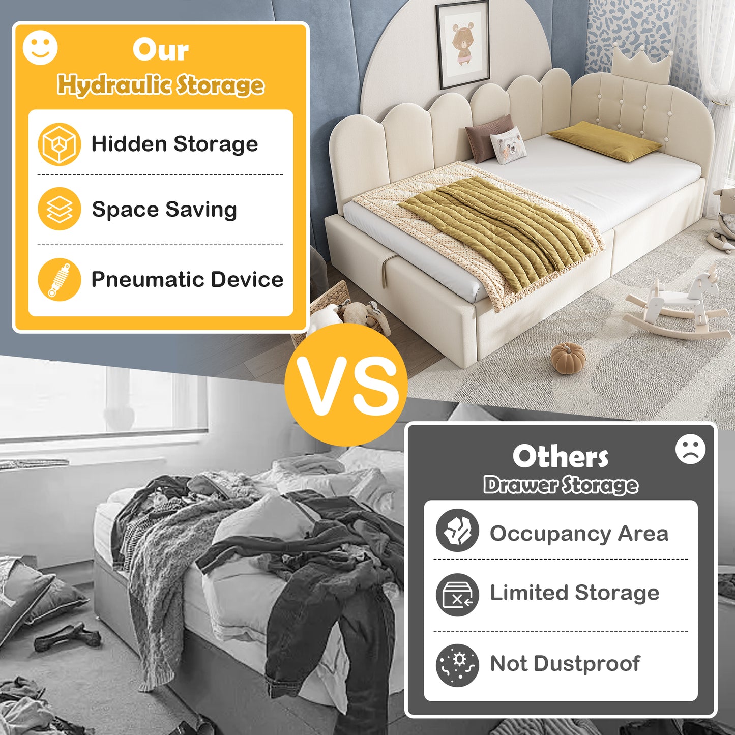 Beige upholstered HOMCOM daybed with hydraulic storage, crown-shaped design, velvet fabric, 3ft single sofa bed, no mattress included.